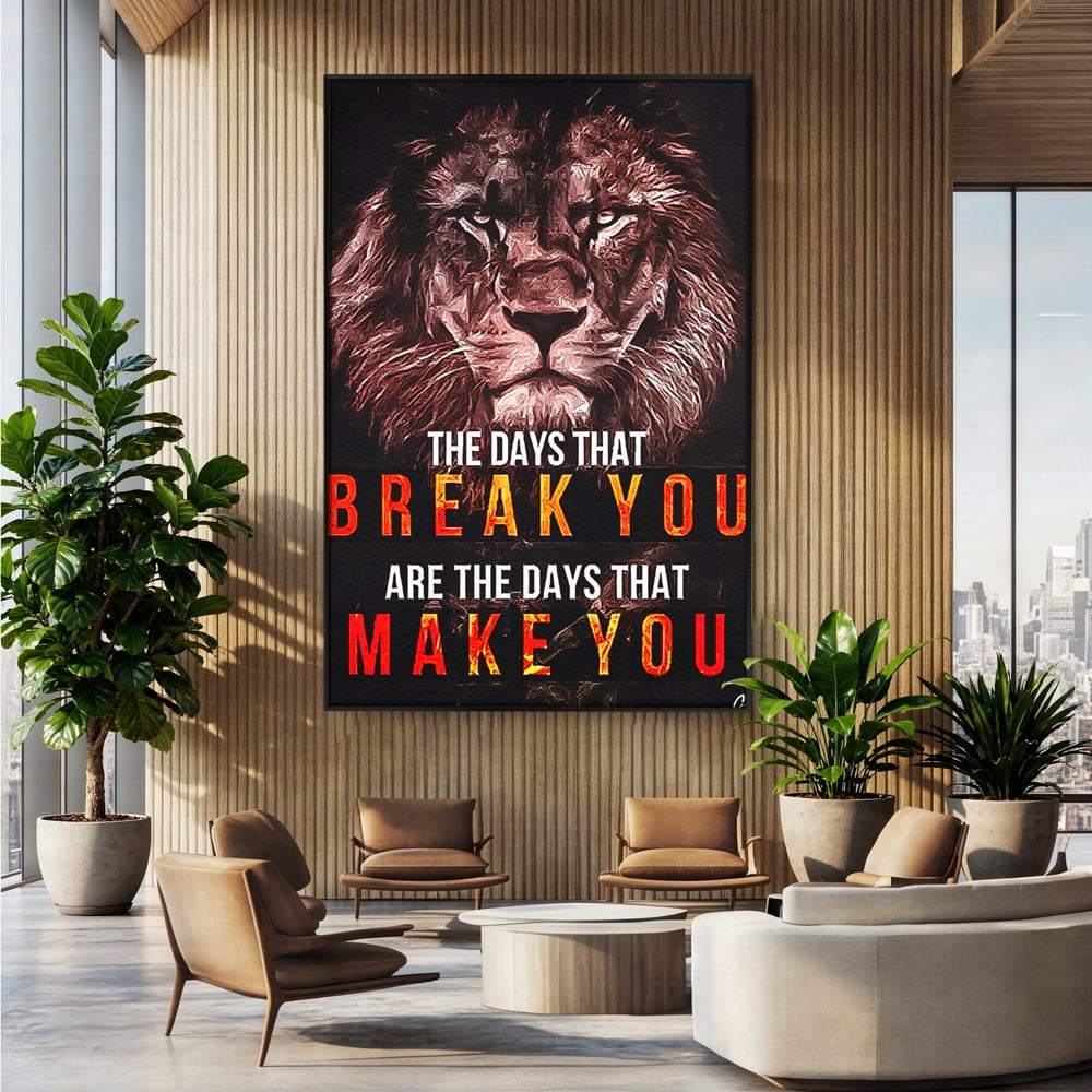 Tablou canvas cu tablou canvas cu leu si mesaj motivational, in rama de aluminiu negru, pe perete intr-un birou