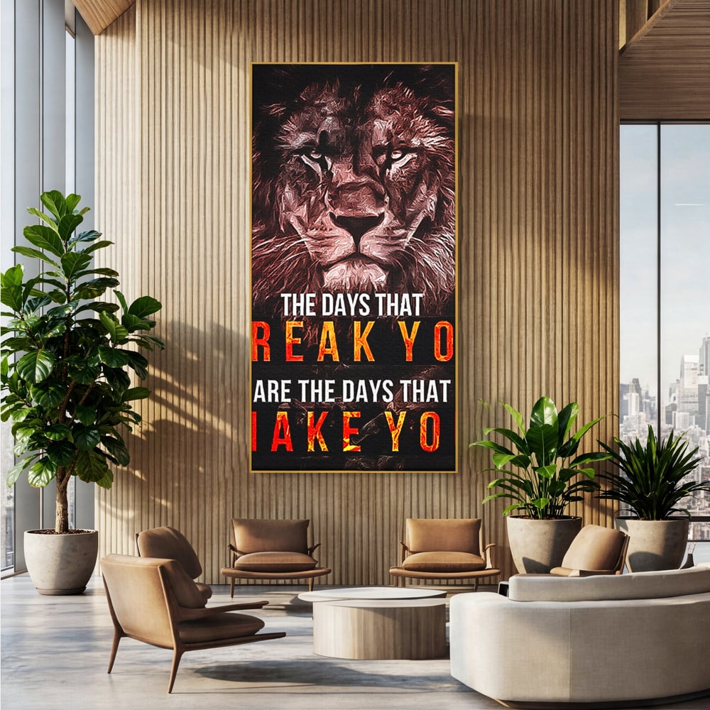 Tablou canvas cu tablou canvas cu leu si mesaj motivational, in rama de aluminiu auriu, pe perete intr-un birou