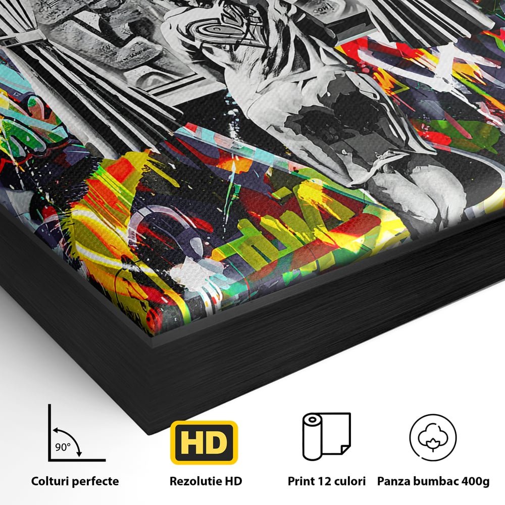 Detaliu al suprafetei: tablou canvas cu graffiti urban si o silueta, in rama de aluminiu negru