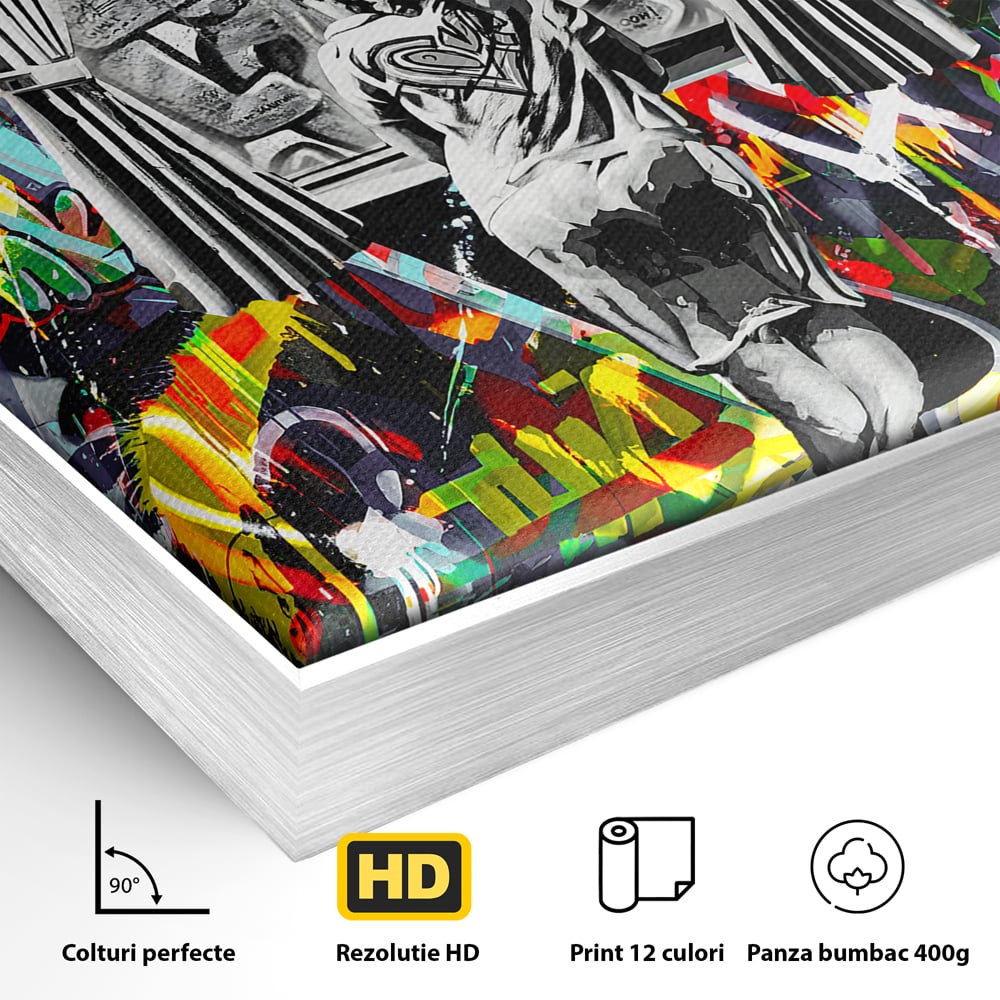 Detaliu al suprafetei: tablou canvas cu graffiti urban si o silueta, in rama de aluminiu argintiu
