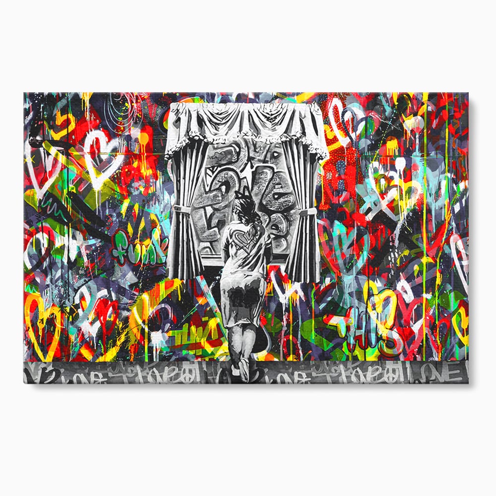 Tablou canvas cu tablou canvas cu graffiti urban si o silueta, fara rama, pe sasiu de lemn