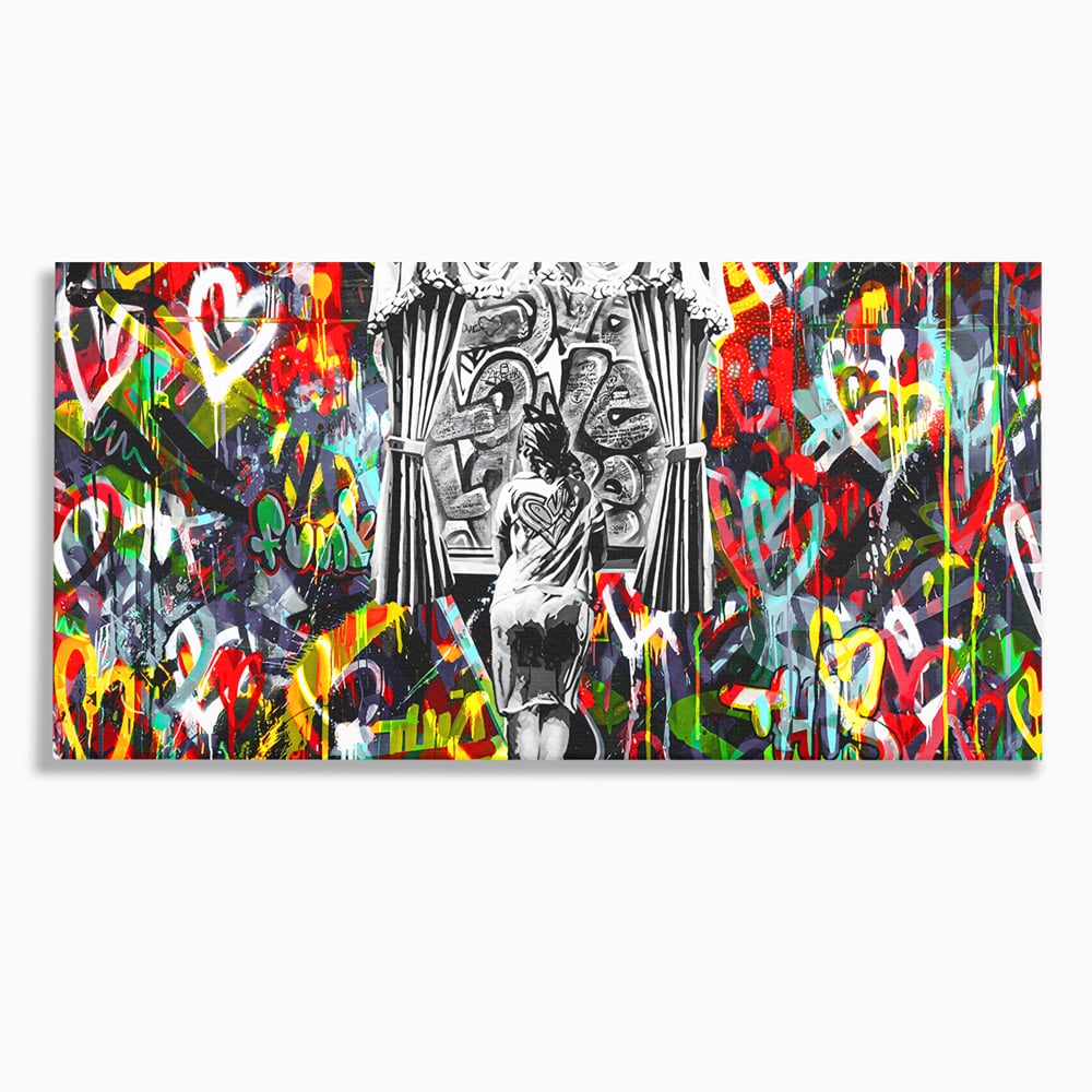 Tablou canvas cu tablou canvas cu graffiti urban si o silueta, fara rama, pe sasiu de lemn