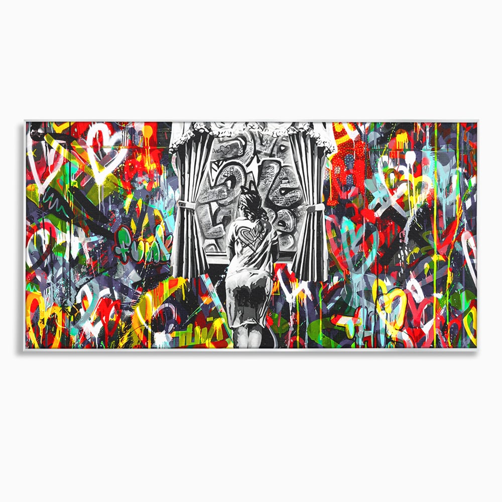 Tablou canvas cu tablou canvas cu graffiti urban si o silueta, in rama de aluminiu argintiu