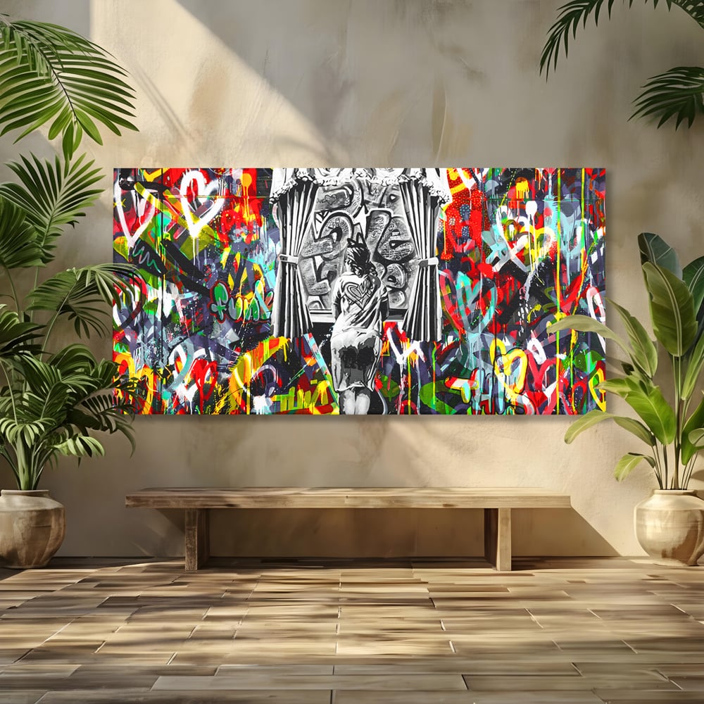 Tablou canvas cu tablou canvas cu graffiti urban si o silueta, fara rama, pe sasiu de lemn