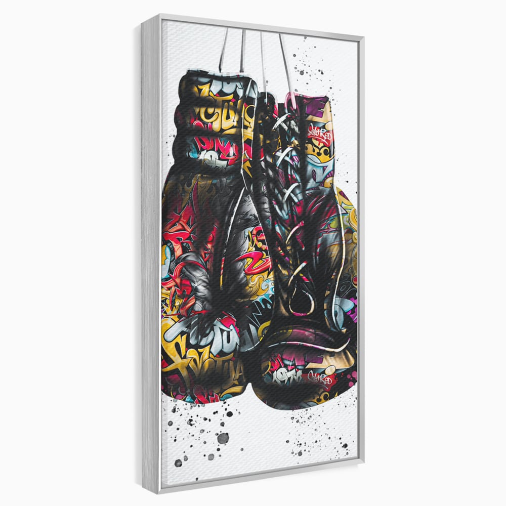 Tablou canvas cu tablou canvas cu manusi de box, in rama de aluminiu argintiu