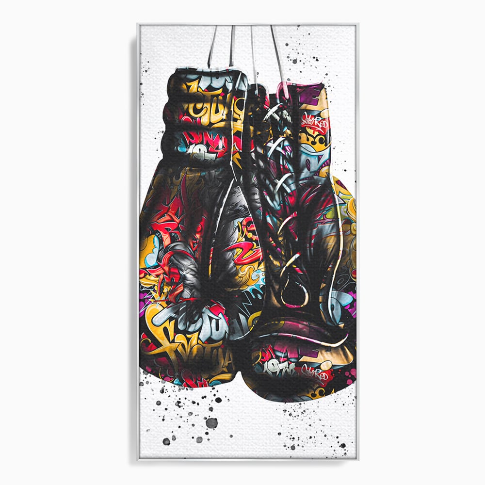 Tablou canvas cu tablou canvas cu manusi de box, in rama de aluminiu argintiu