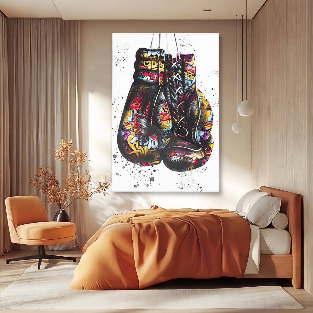 Tablou canvas cu tablou canvas cu manusi de box, fara rama, pe sasiu de lemn, pe perete intr-un dormitor