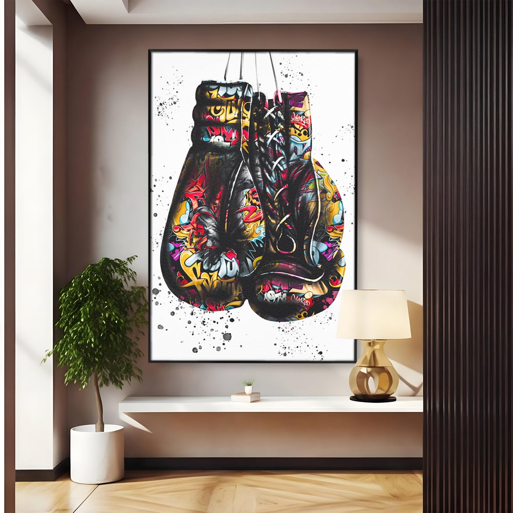 Tablou canvas cu tablou canvas cu manusi de box, in rama de aluminiu negru