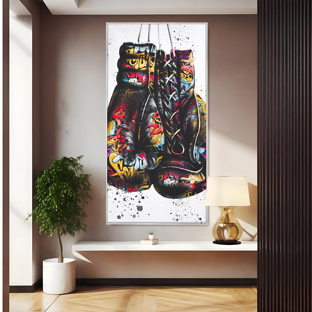 Tablou canvas cu tablou canvas cu manusi de box, in rama de aluminiu argintiu