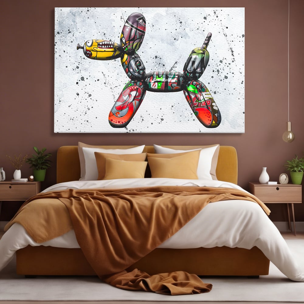 Tablou canvas cu tablou canvas caine din baloane stil grafitti, fara rama, pe sasiu de lemn, pe perete intr-un dormitor