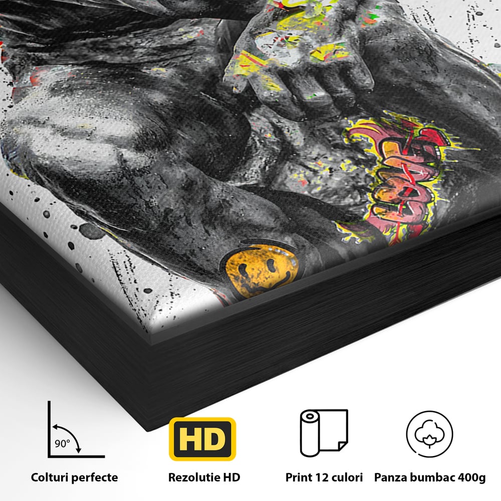 Detaliu al suprafetei: tablou canvas cu statuia ganditorul, in rama de aluminiu negru