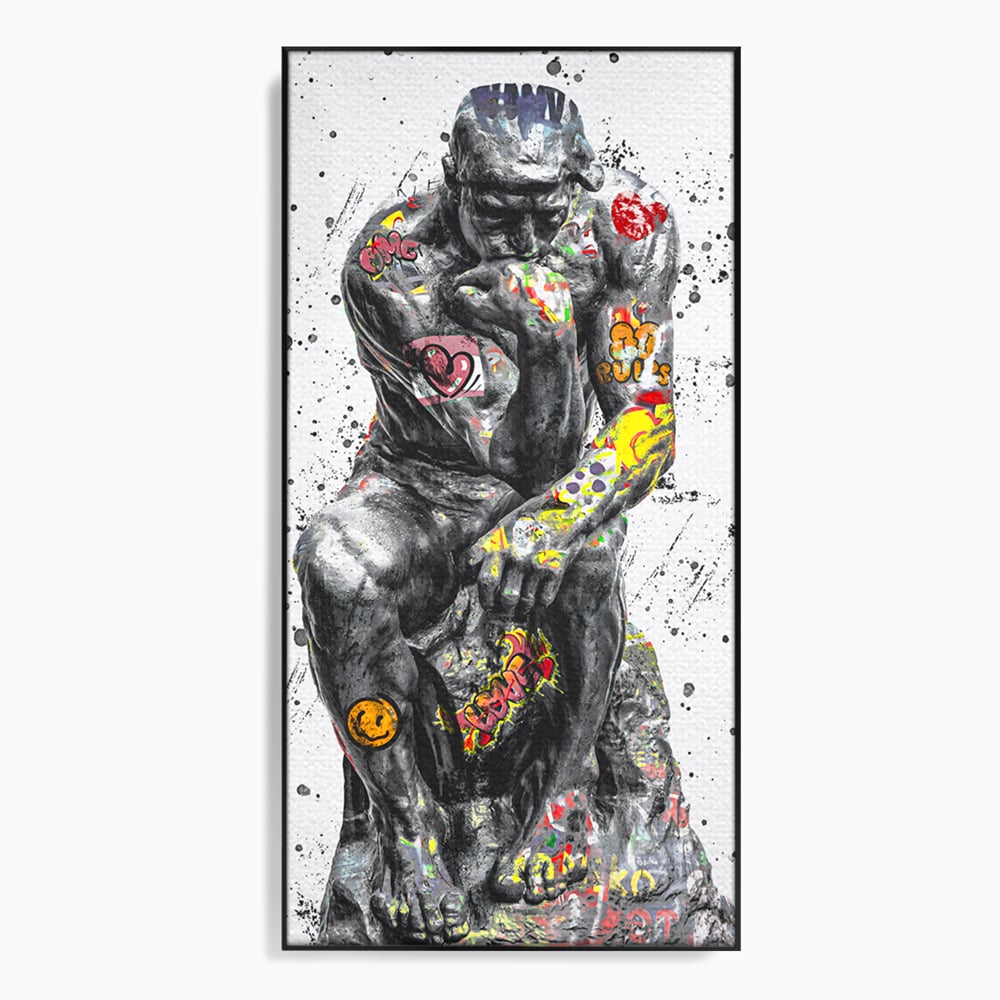 Tablou canvas cu tablou canvas cu statuia ganditorul, in rama de aluminiu negru
