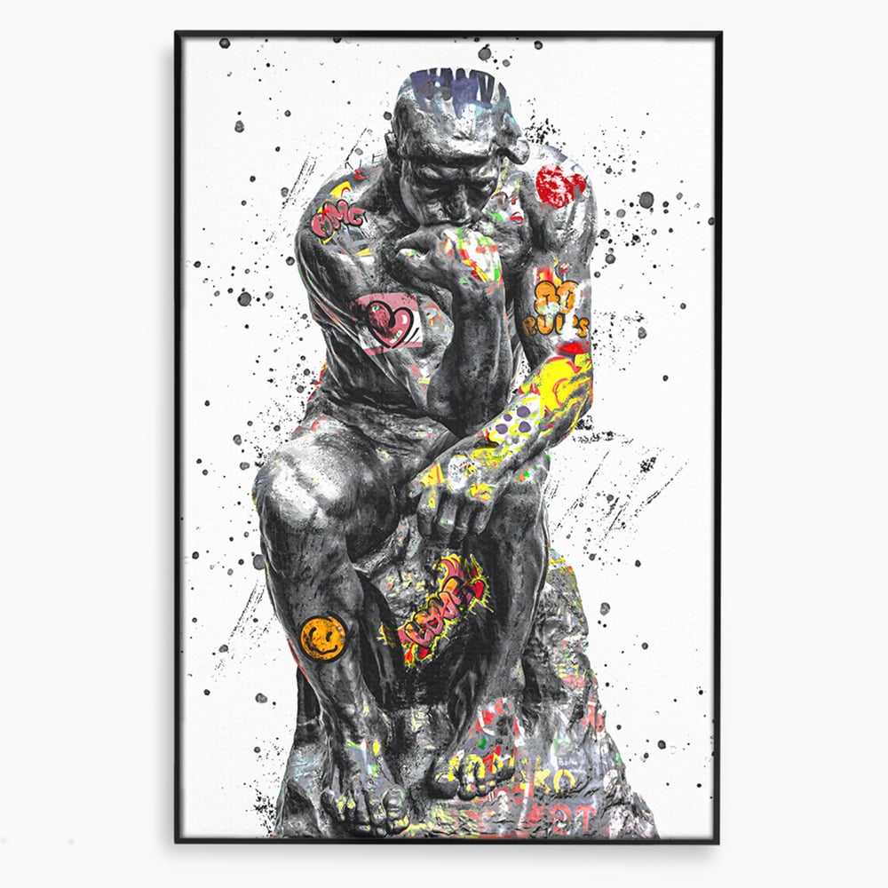 Tablou canvas cu tablou canvas cu statuia ganditorul, in rama de aluminiu negru