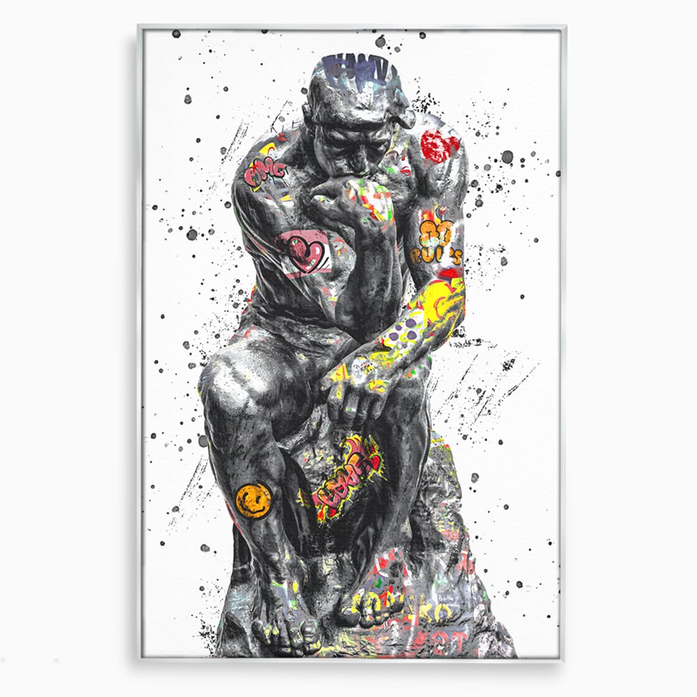 Tablou canvas cu tablou canvas cu statuia ganditorul, in rama de aluminiu argintiu