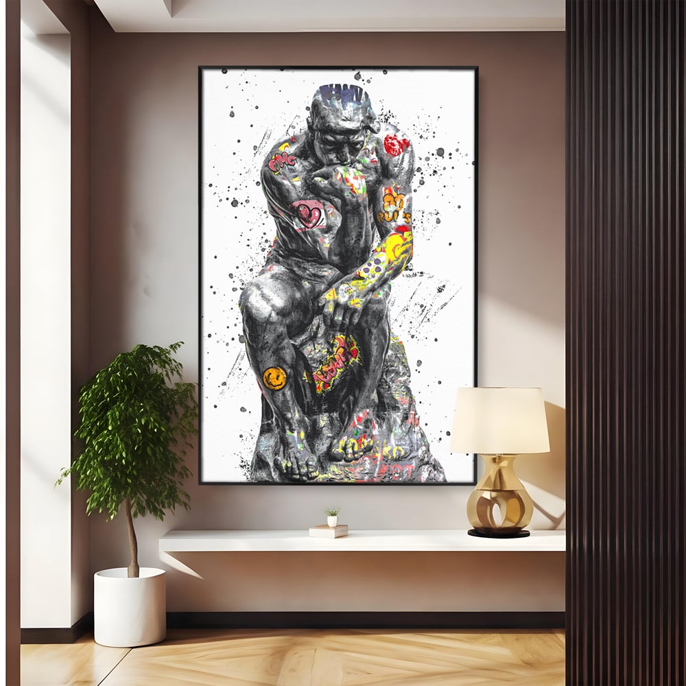 Tablou canvas cu tablou canvas cu statuia ganditorul, in rama de aluminiu negru
