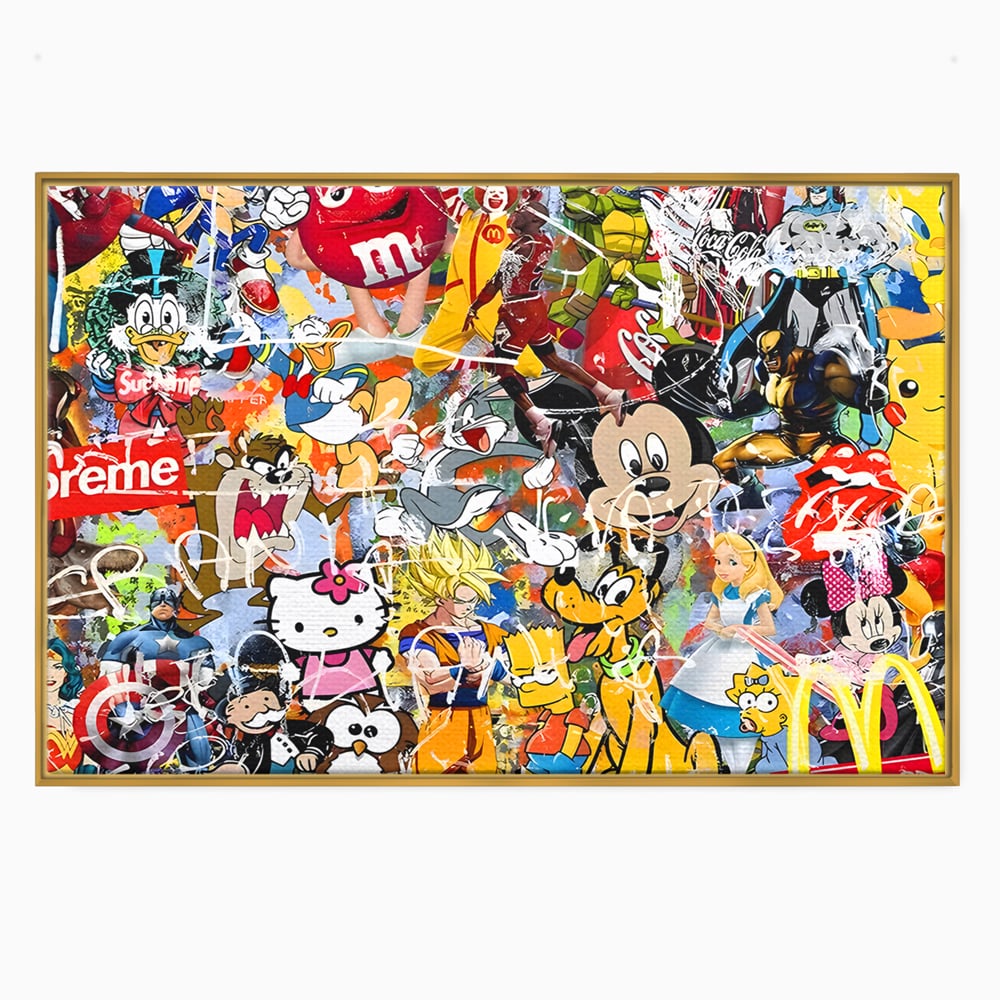 Tablou canvas cu tablou canvas cu personaje din desene animate, in rama de aluminiu auriu