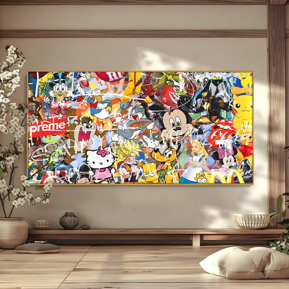 Tablou canvas cu tablou canvas cu personaje din desene animate, in rama de aluminiu auriu