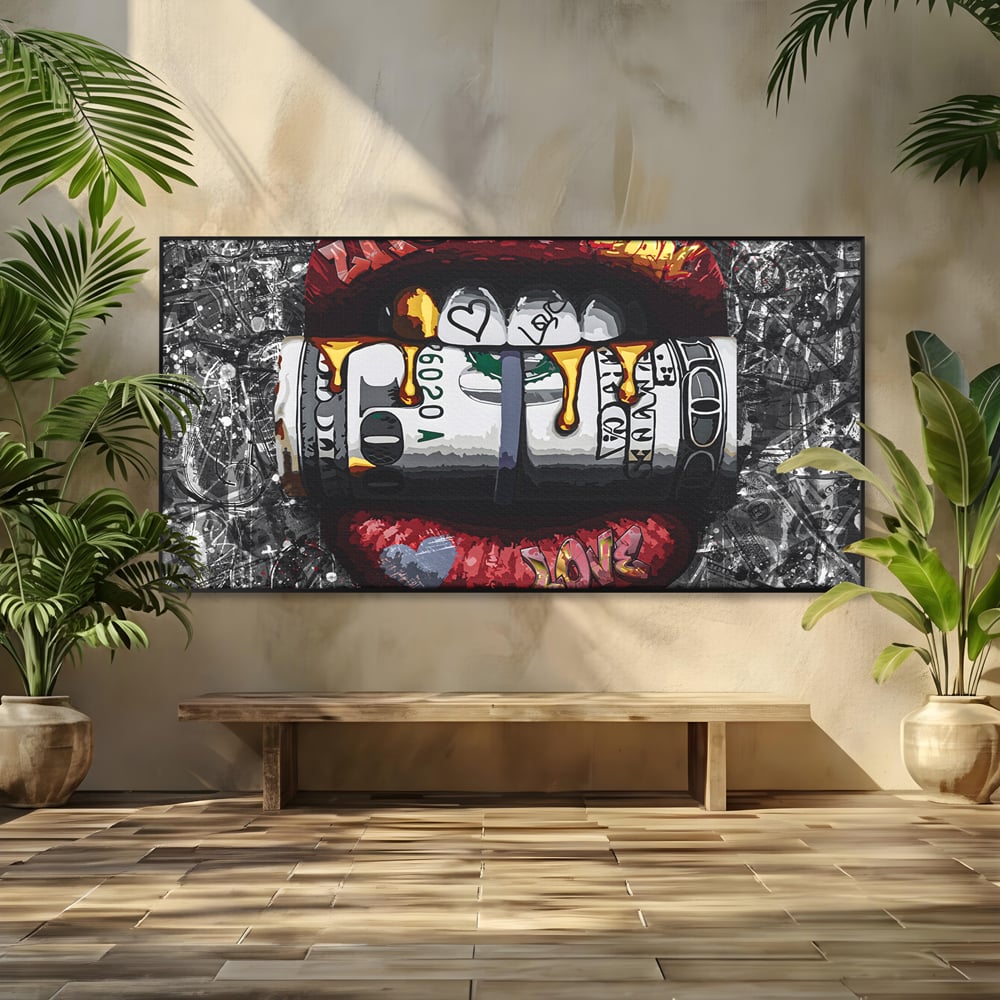 Tablou canvas cu tablou canvas cu buze rosii si dolari, in rama de aluminiu negru