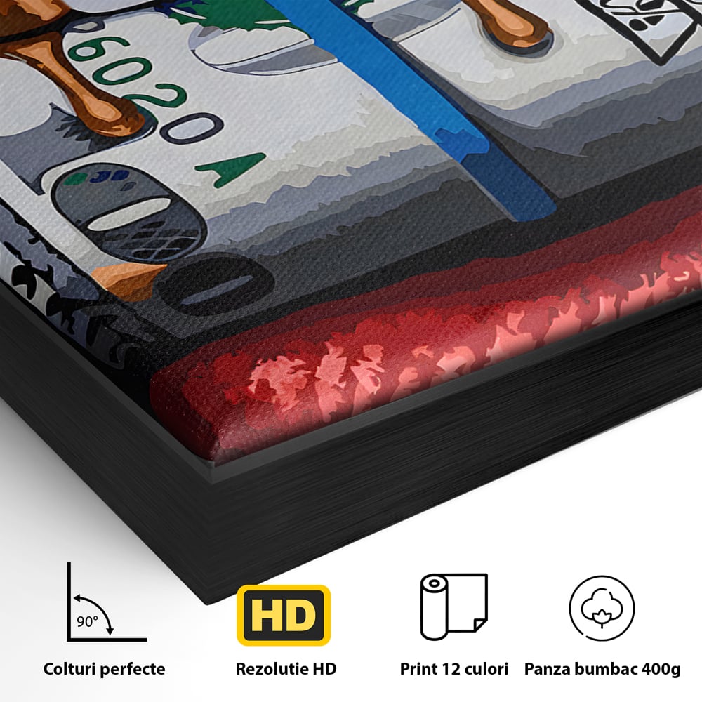 Detaliu al suprafetei: ilustratie digitala buze rosii cu bani, in rama de aluminiu negru