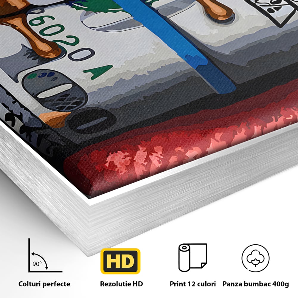 Detaliu al suprafetei: ilustratie digitala buze rosii cu bani, in rama de aluminiu argintiu