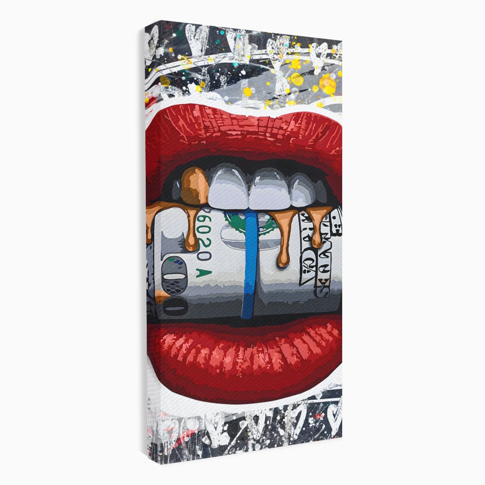 Tablou canvas cu ilustratie digitala buze rosii cu bani, fara rama, pe sasiu de lemn