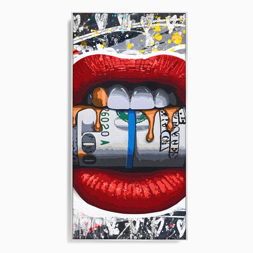 Tablou canvas cu ilustratie digitala buze rosii cu bani, in rama de aluminiu argintiu