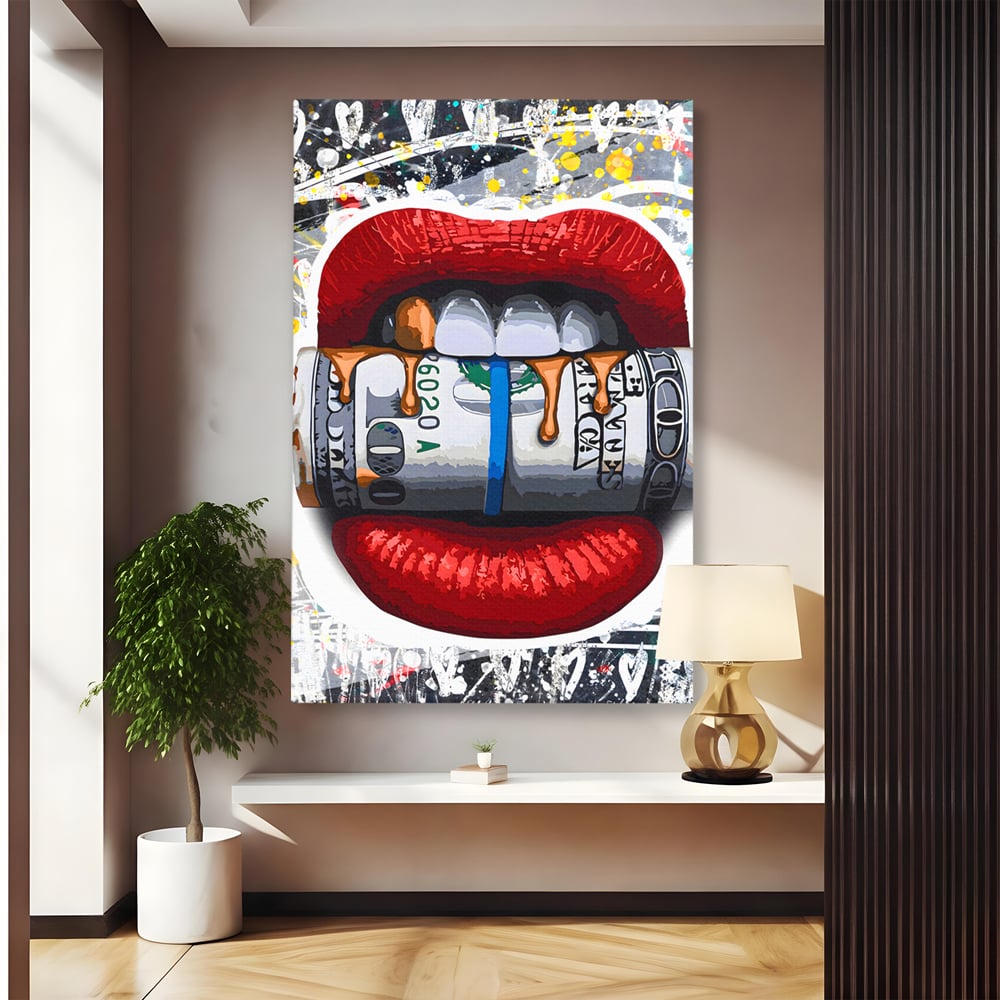 Tablou canvas cu ilustratie digitala buze rosii cu bani, fara rama, pe sasiu de lemn