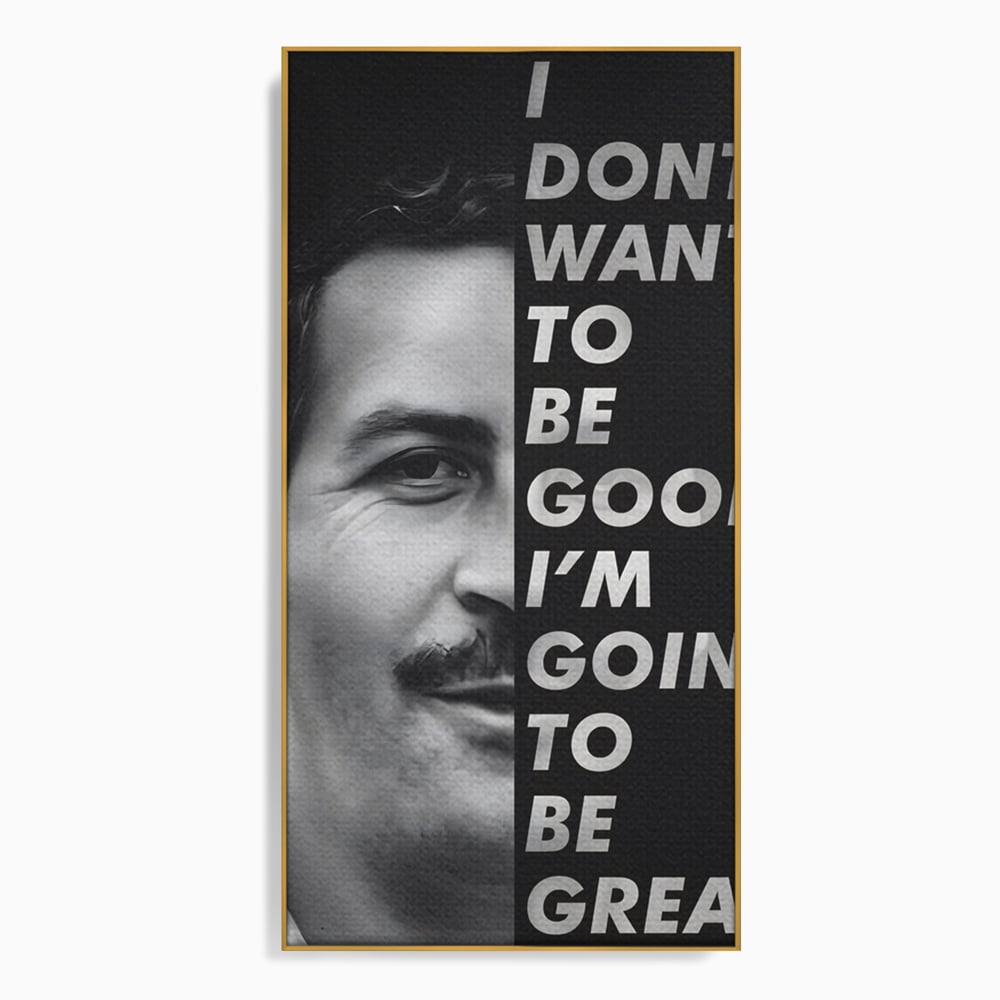 Tablou canvas cu tablou canvas cu portretul lui pablo escobar, in rama de aluminiu auriu