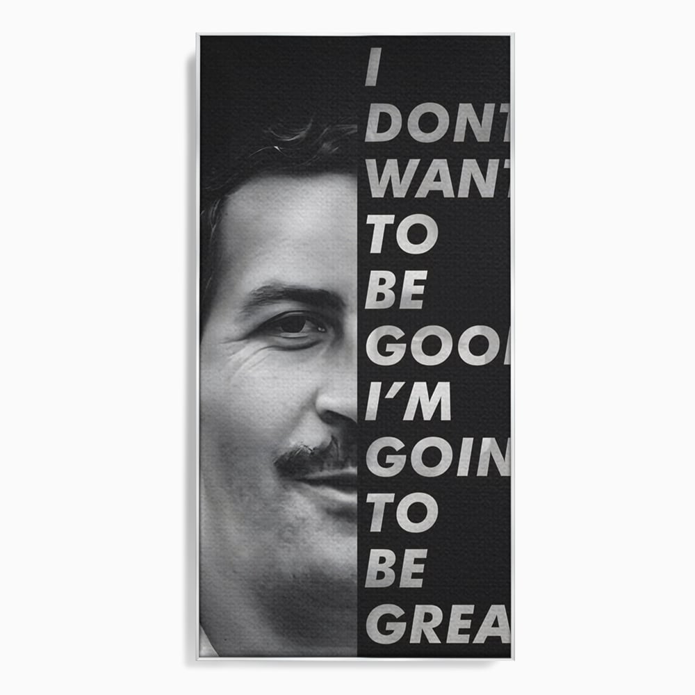 Tablou canvas cu tablou canvas cu portretul lui pablo escobar, in rama de aluminiu argintiu