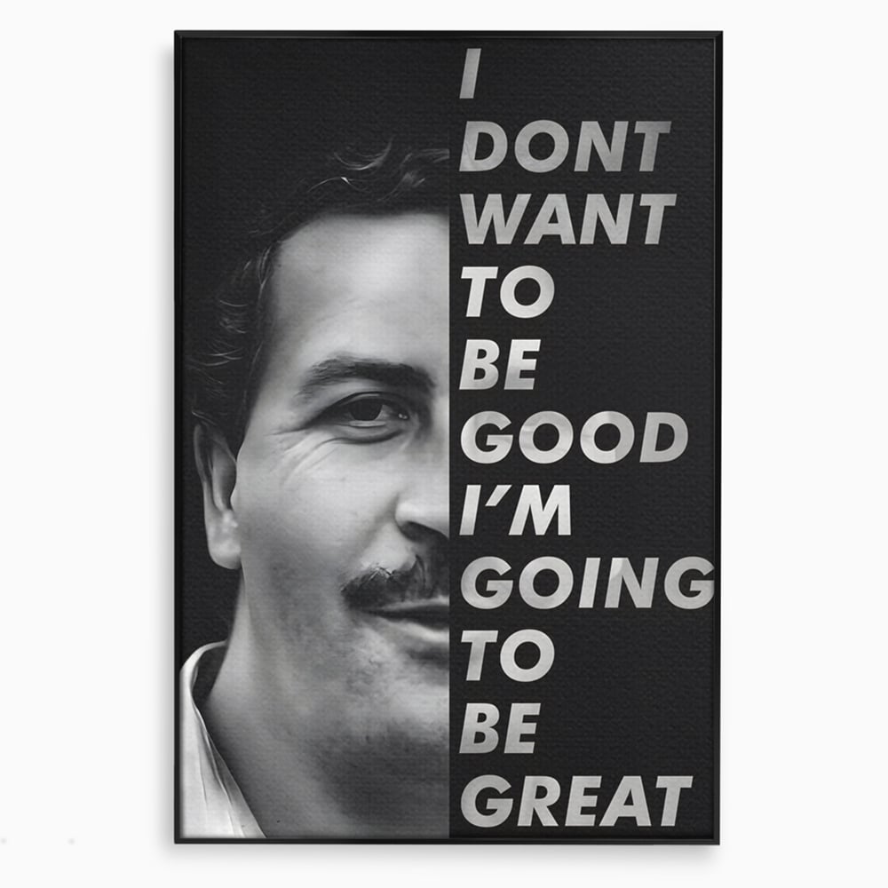 Tablou canvas cu tablou canvas cu portretul lui pablo escobar, in rama de aluminiu negru