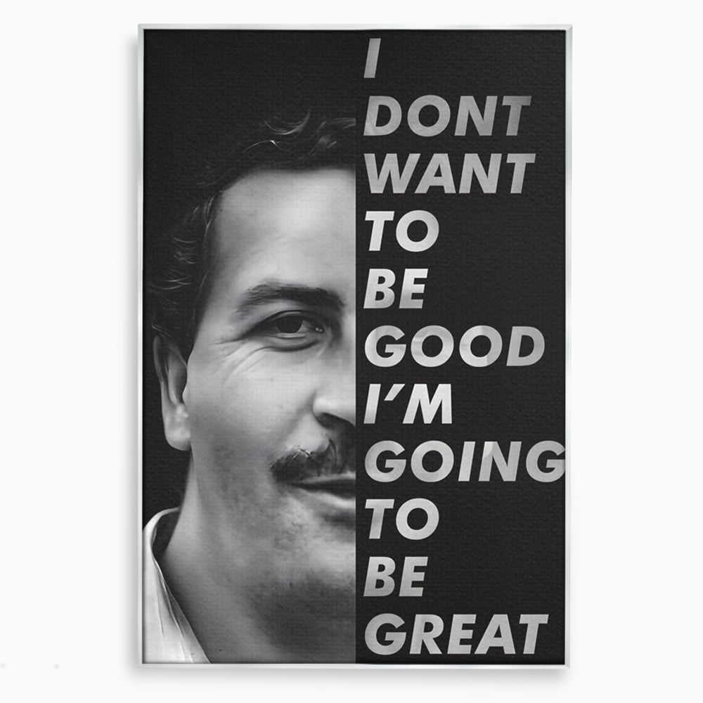 Tablou canvas cu tablou canvas cu portretul lui pablo escobar, in rama de aluminiu argintiu