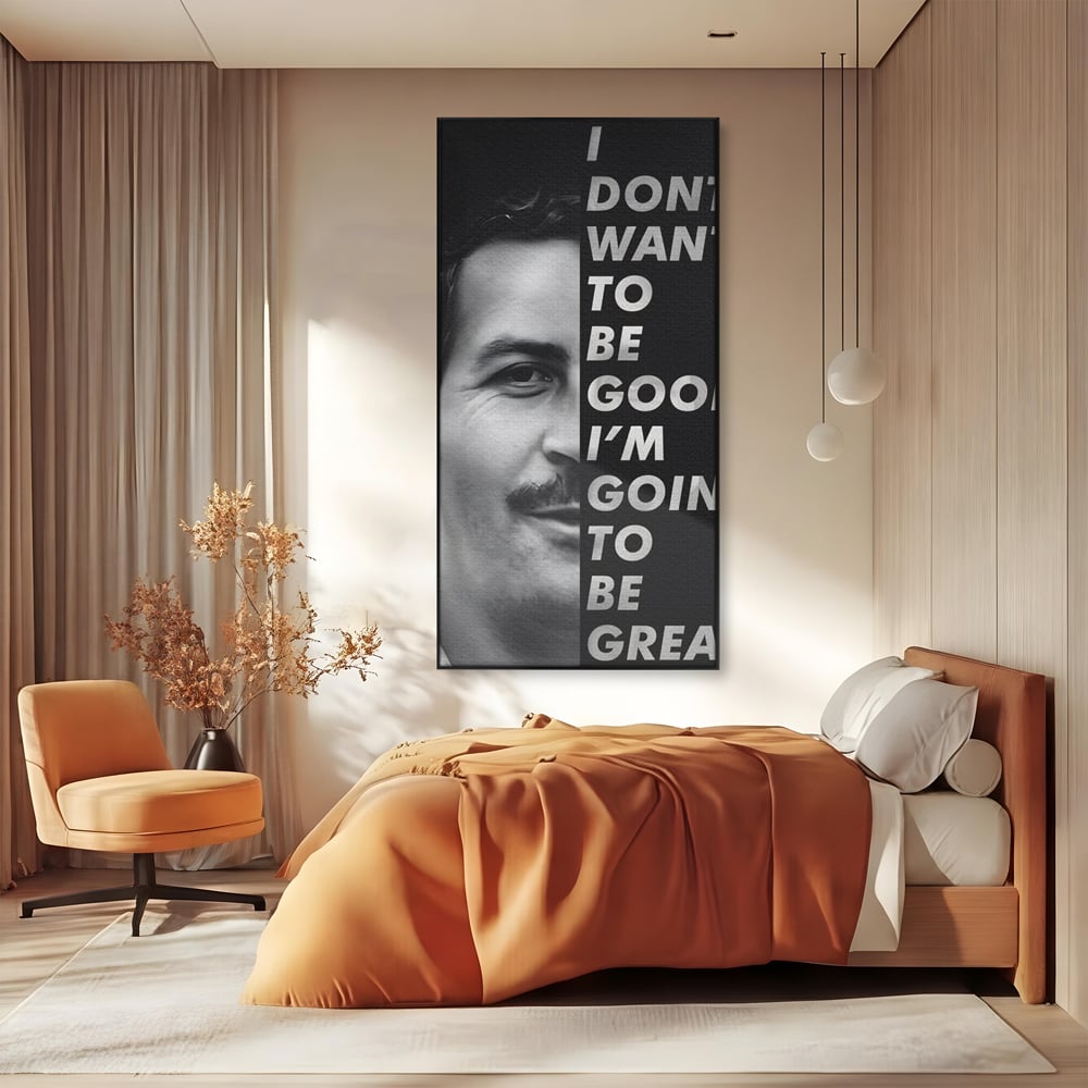 Tablou canvas cu tablou canvas cu portretul lui pablo escobar, in rama de aluminiu negru, pe perete intr-un dormitor