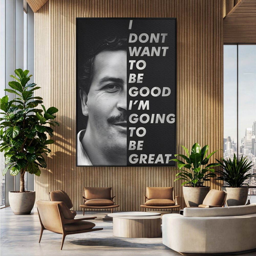 Tablou canvas cu tablou canvas cu portretul lui pablo escobar, in rama de aluminiu negru, pe perete intr-un birou