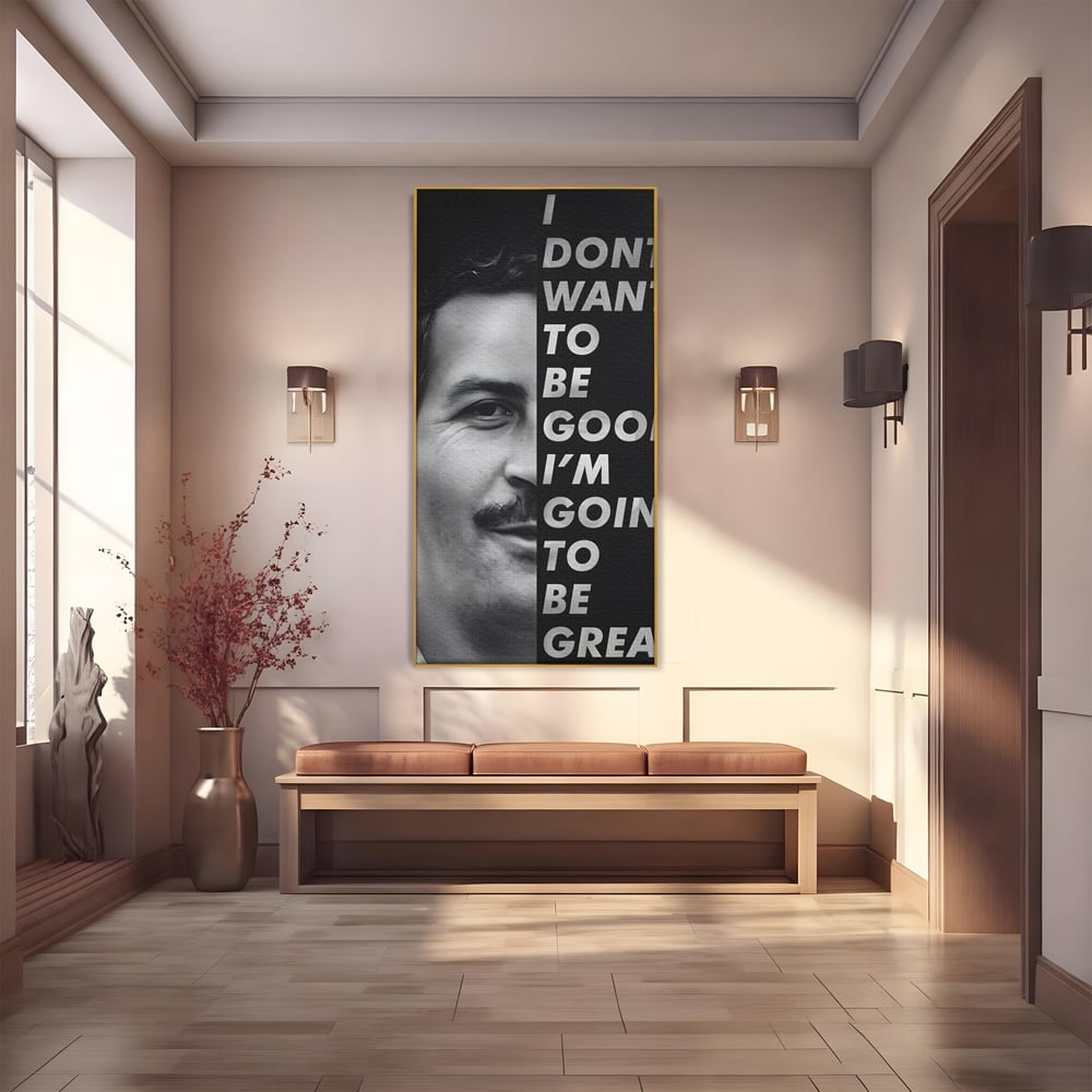 Tablou canvas cu tablou canvas cu portretul lui pablo escobar, in rama de aluminiu auriu