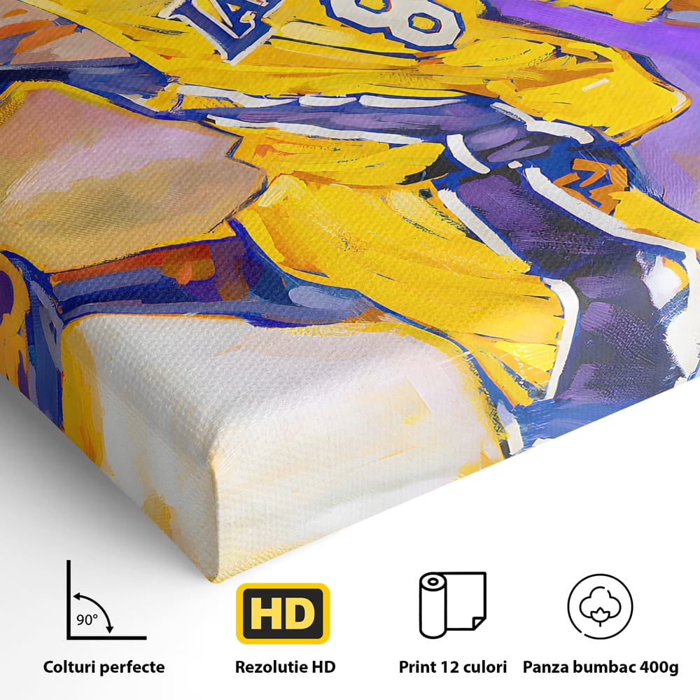 Detaliu al suprafetei: pictura cu baschetbalistul kobe bryant, fara rama, pe sasiu de lemn