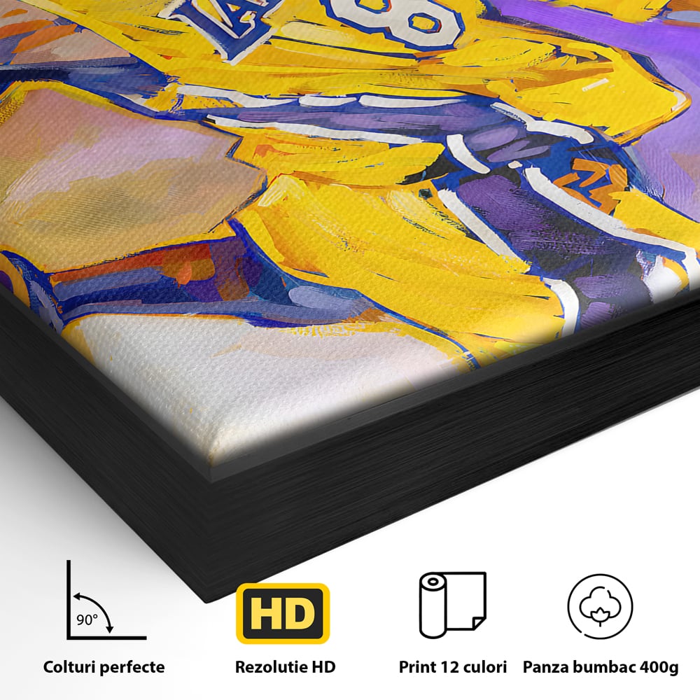 Detaliu al suprafetei: pictura cu baschetbalistul kobe bryant, in rama de aluminiu negru