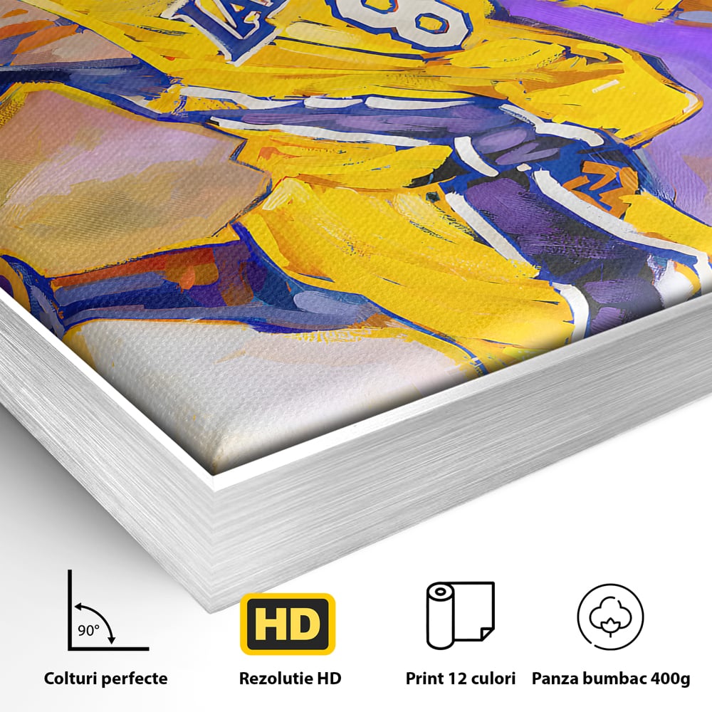 Detaliu al suprafetei: pictura cu baschetbalistul kobe bryant, in rama de aluminiu argintiu