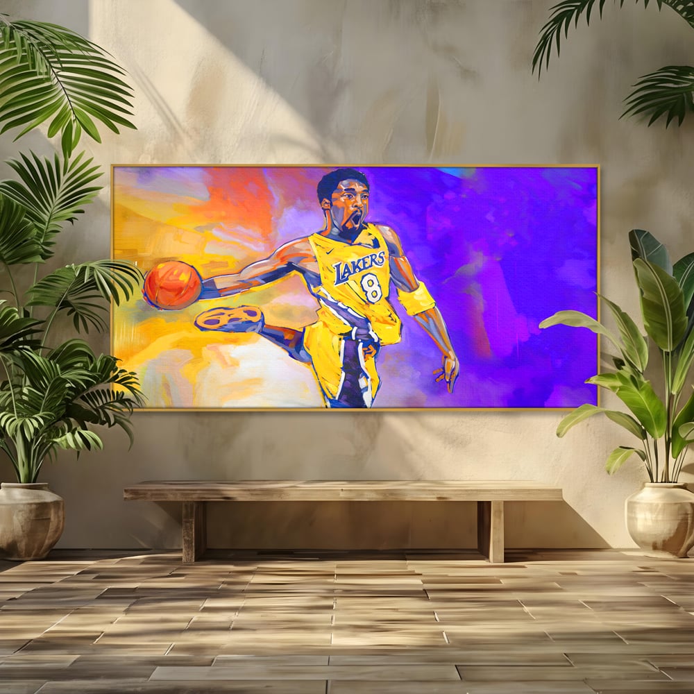 Tablou canvas cu pictura cu baschetbalistul kobe bryant, in rama de aluminiu auriu