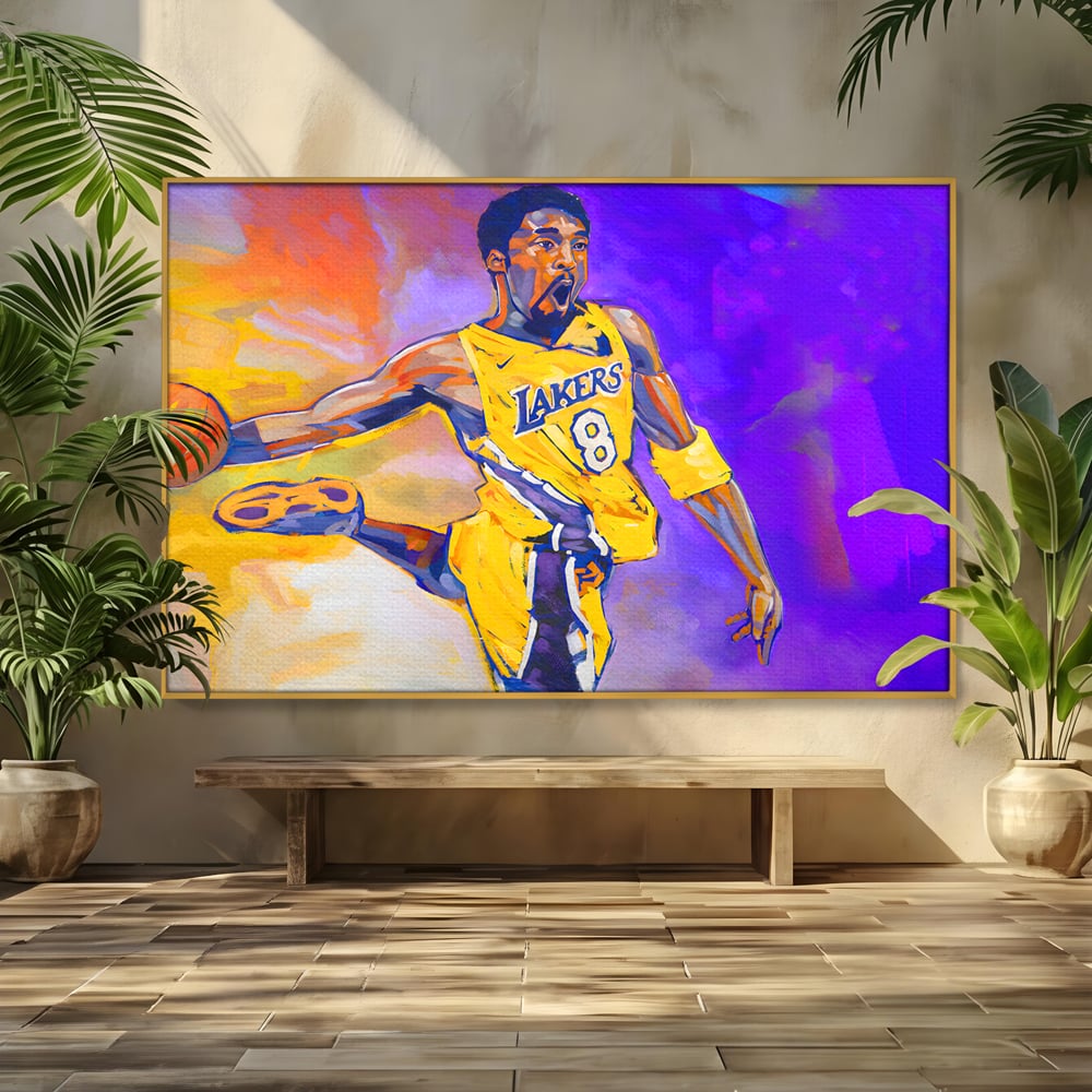 Tablou canvas cu pictura cu baschetbalistul kobe bryant, in rama de aluminiu auriu