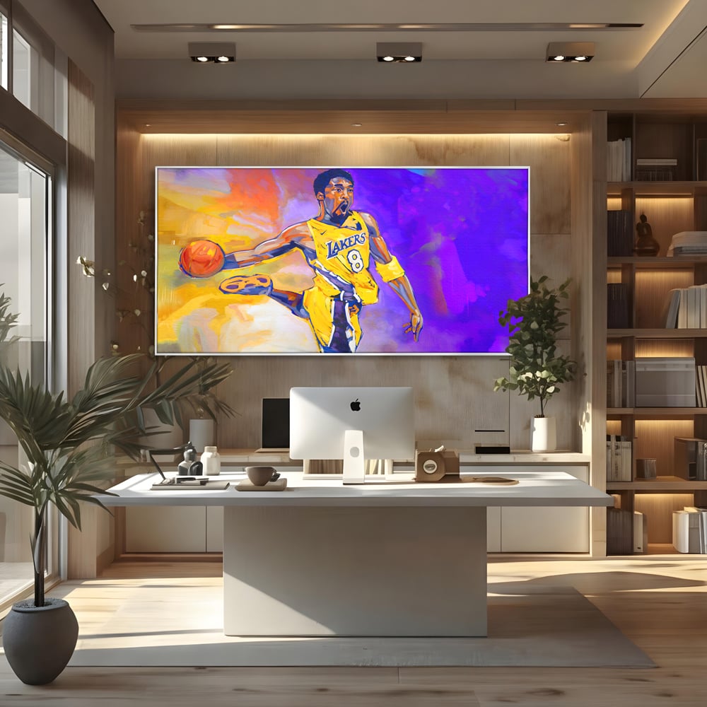 Tablou canvas cu pictura cu baschetbalistul kobe bryant, in rama de aluminiu argintiu, pe perete intr-un birou