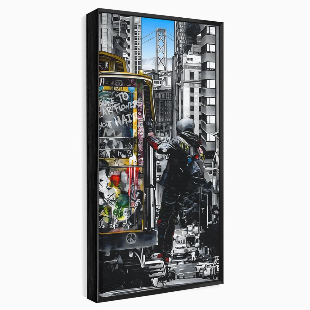 Tablou canvas cu ilustratie urbana cu un tramvai si un calator, in rama de aluminiu negru