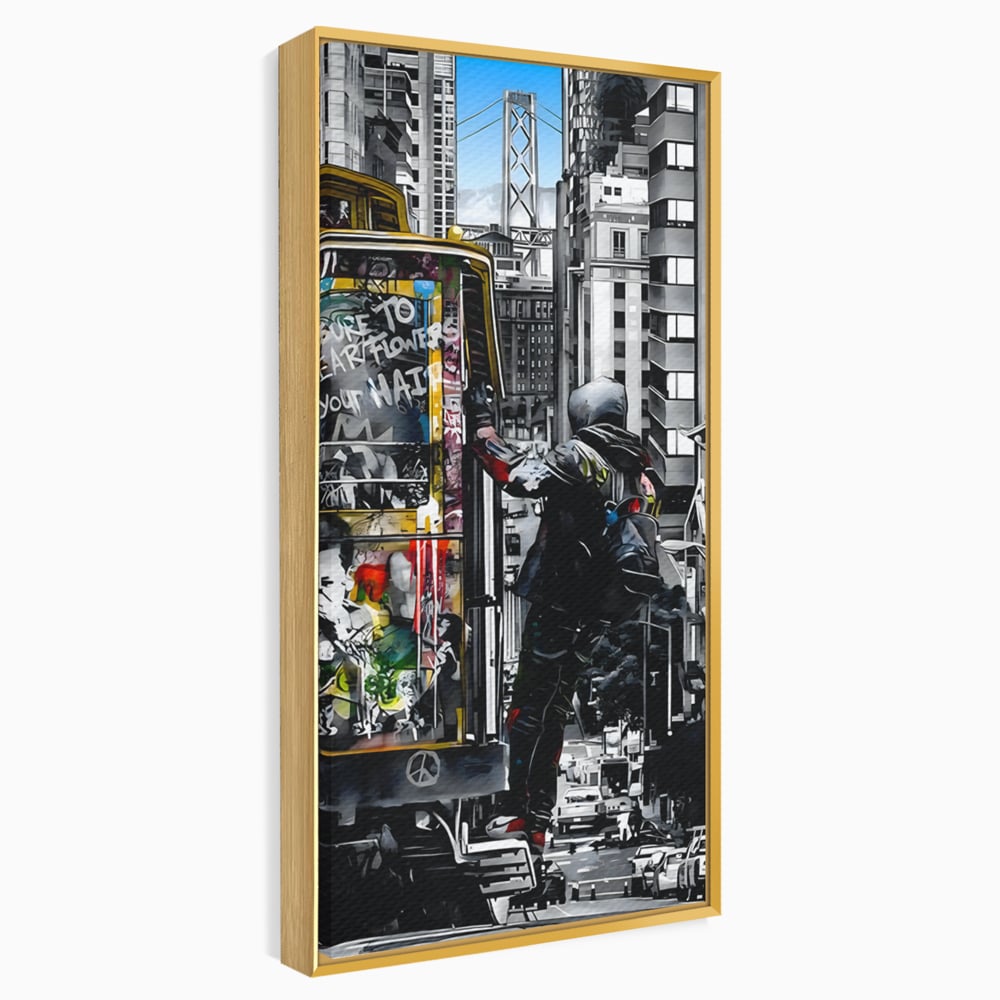 Tablou canvas cu ilustratie urbana cu un tramvai si un calator, in rama de aluminiu auriu