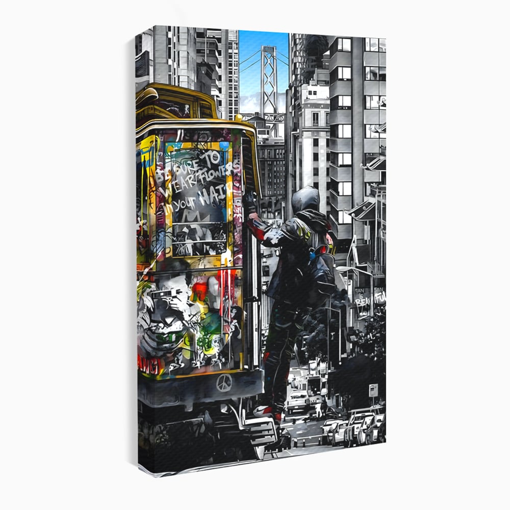 Tablou canvas cu ilustratie urbana cu un tramvai si un calator, fara rama, pe sasiu de lemn