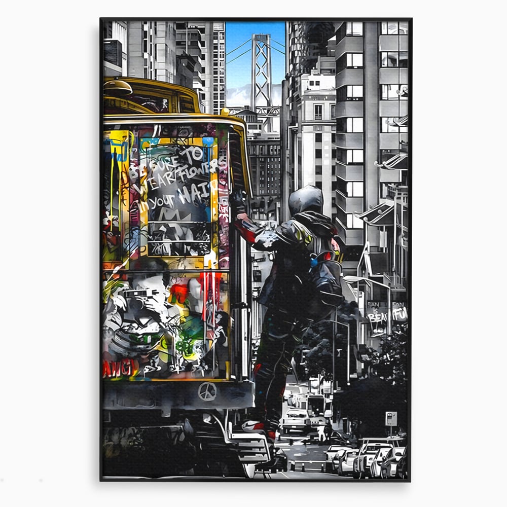 Tablou canvas cu ilustratie urbana cu un tramvai si un calator, in rama de aluminiu negru