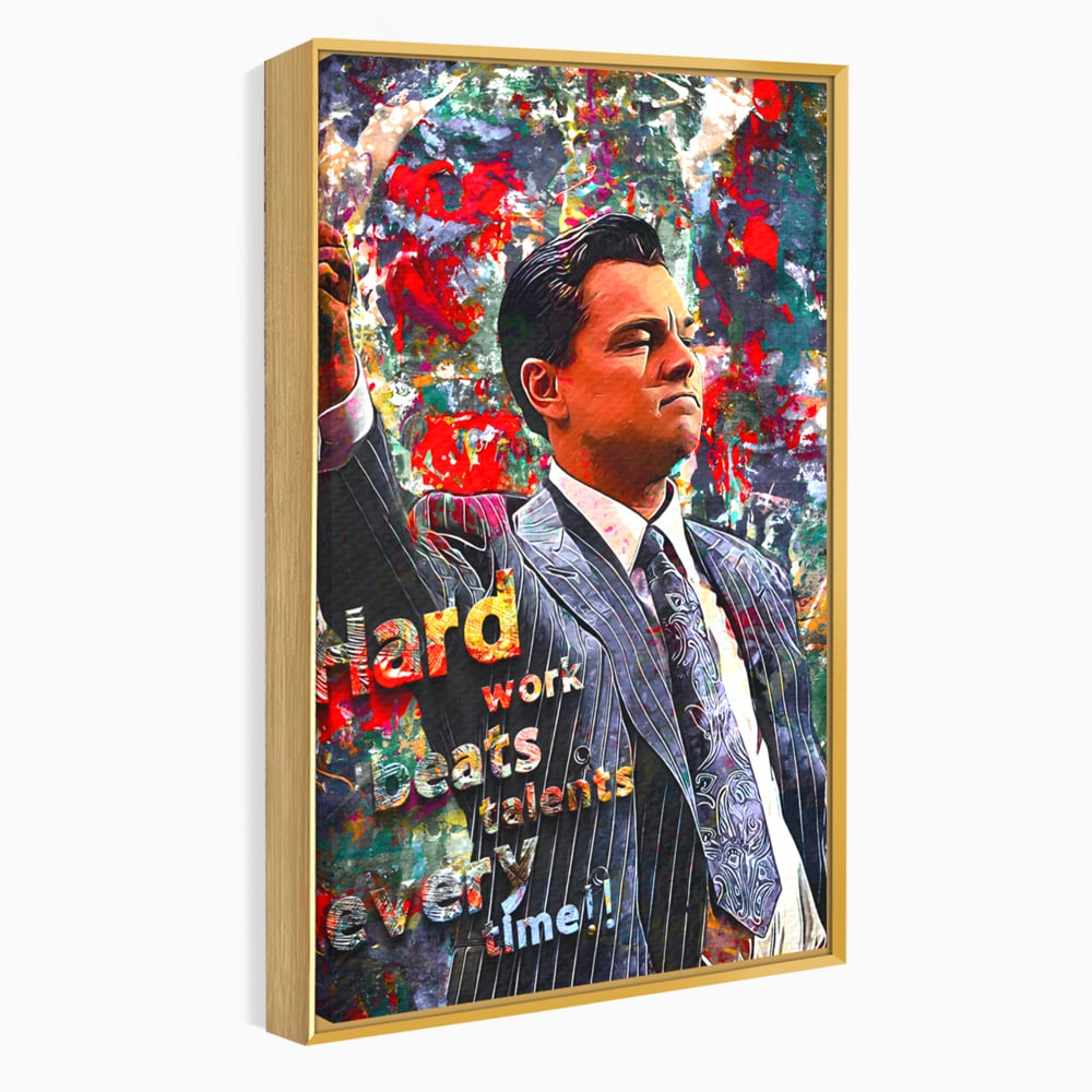 Tablou canvas cu tablou canvas cu leonardo dicaprio si mesaj motivational, in rama de aluminiu auriu