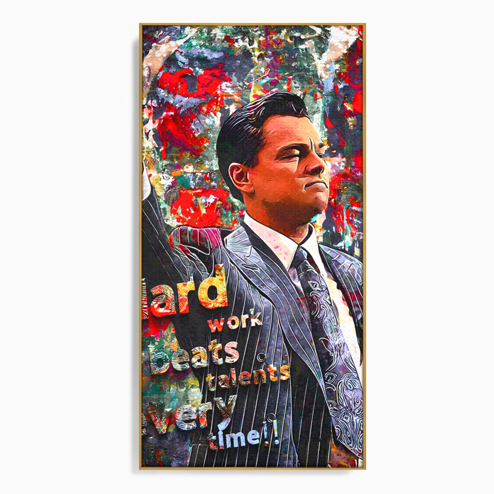 Tablou canvas cu tablou canvas cu leonardo dicaprio si mesaj motivational, in rama de aluminiu auriu