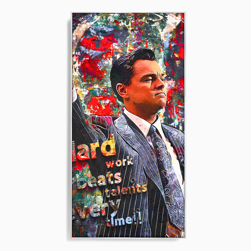 Tablou canvas cu tablou canvas cu leonardo dicaprio si mesaj motivational, in rama de aluminiu argintiu