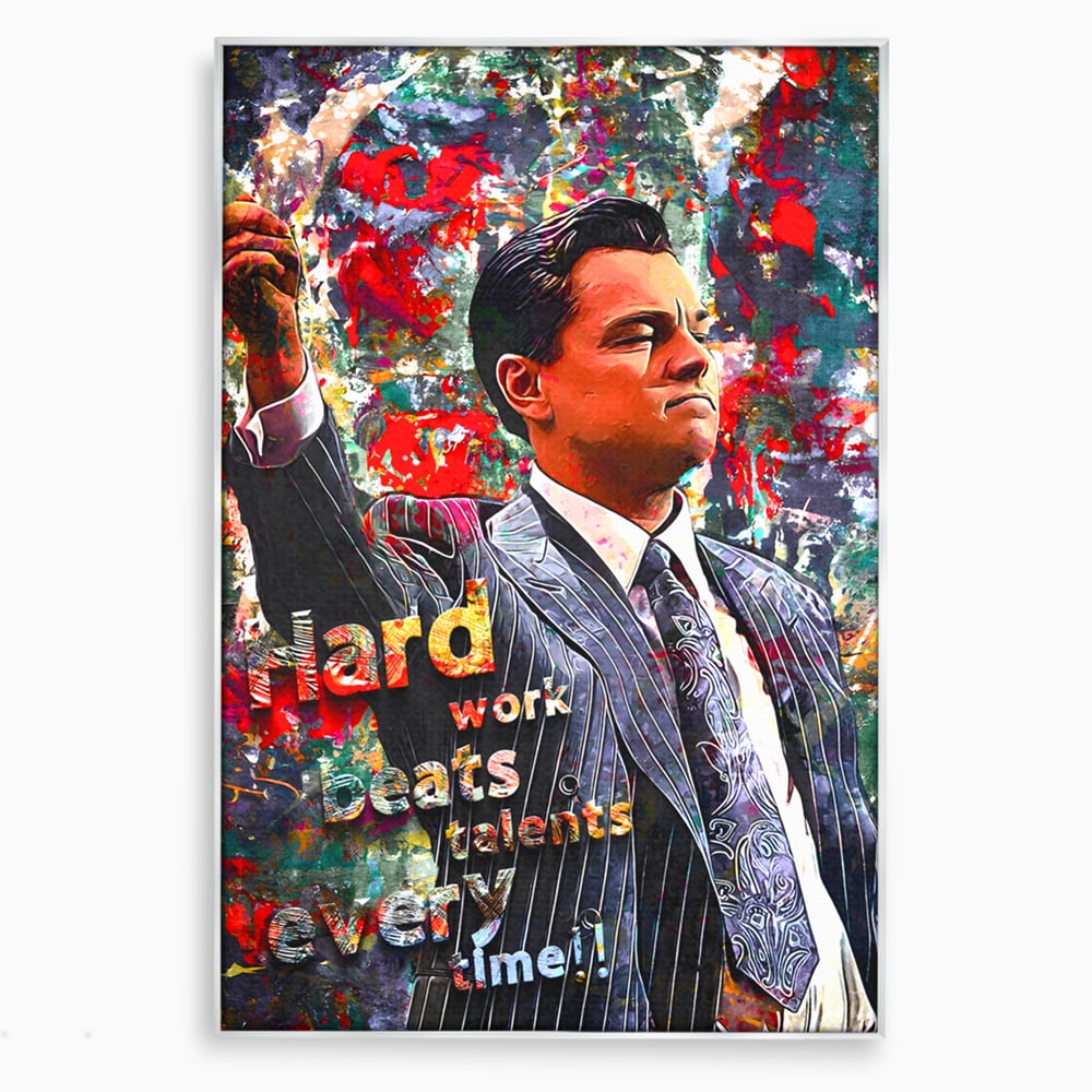 Tablou canvas cu tablou canvas cu leonardo dicaprio si mesaj motivational, in rama de aluminiu argintiu