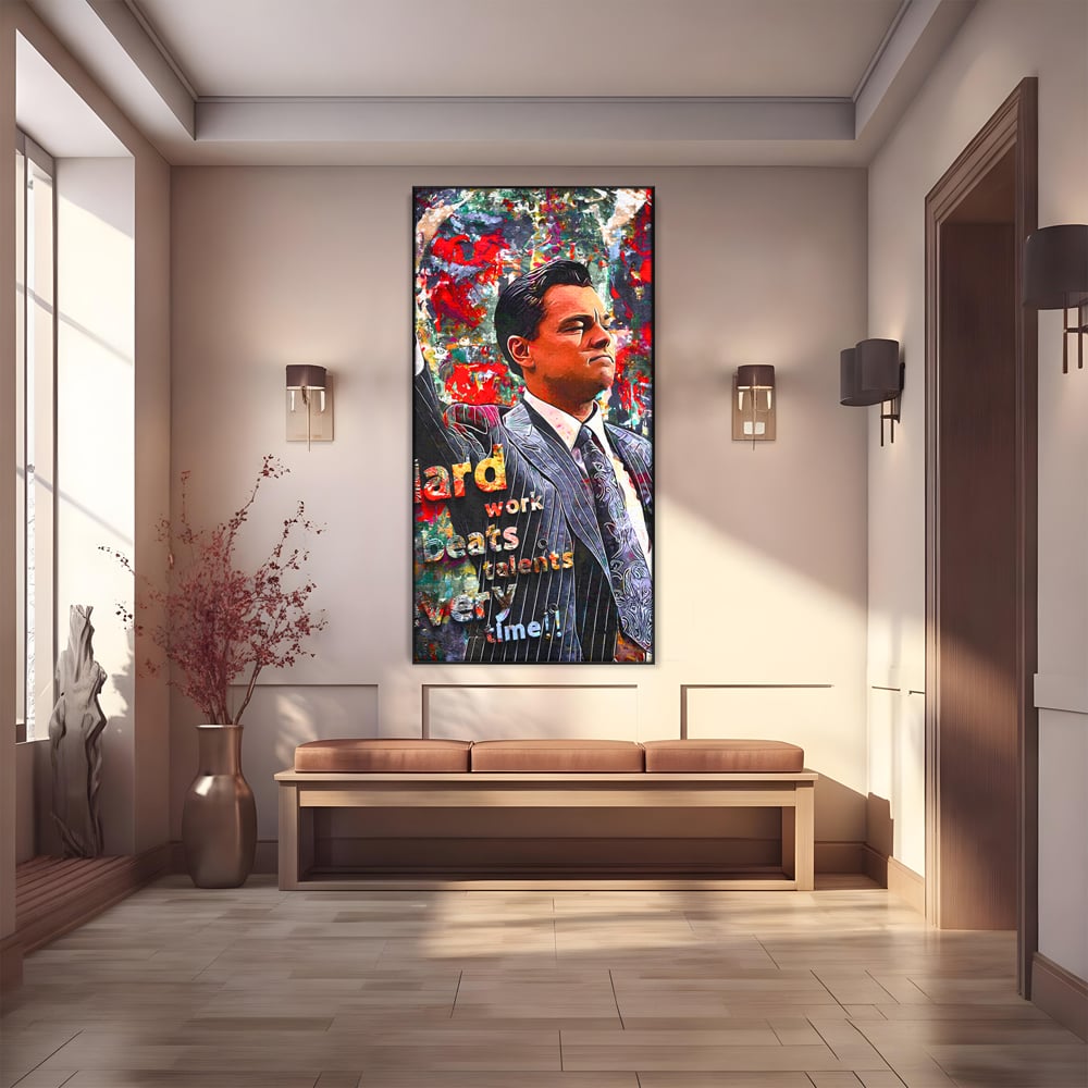 Tablou canvas cu tablou canvas cu leonardo dicaprio si mesaj motivational, in rama de aluminiu negru