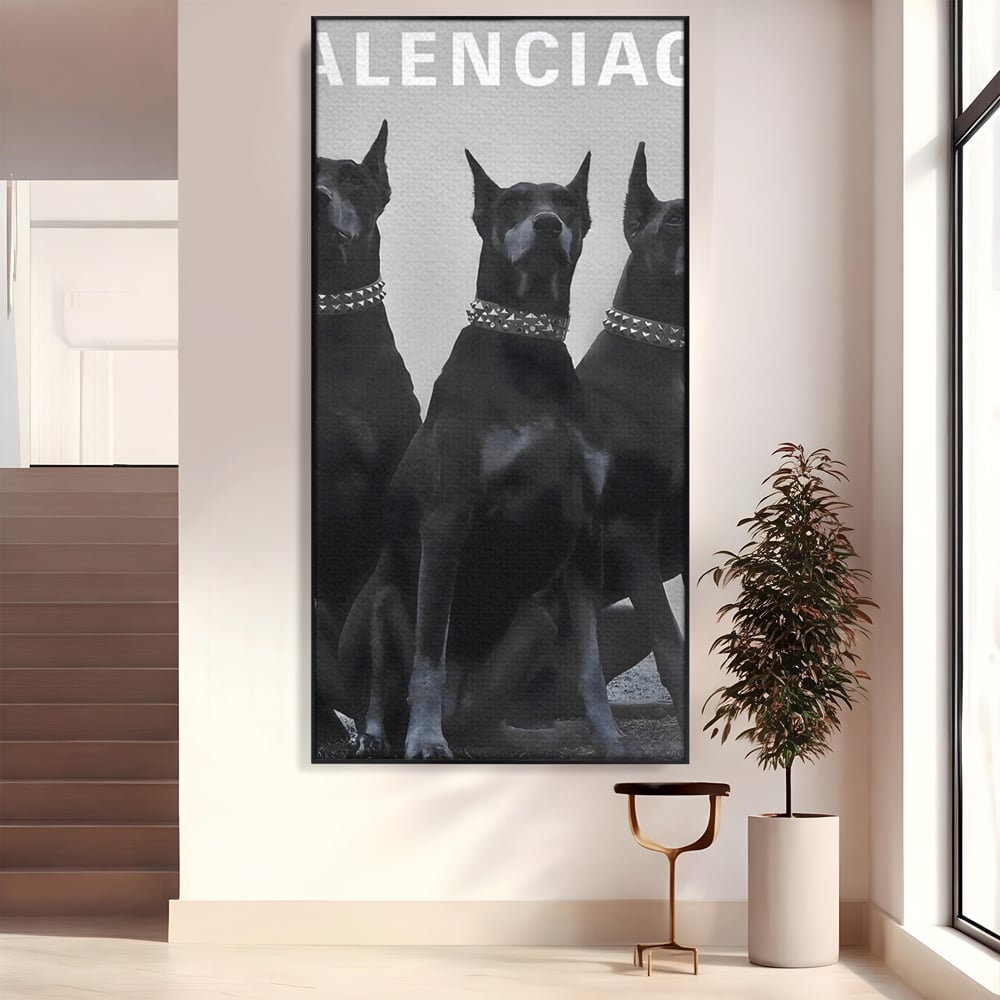 Tablou canvas cu tablou canvas cu trei dobermani, in rama de aluminiu negru